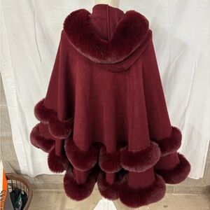 Women's Burgundy Faux Fur Trim Hooded Cape Coat